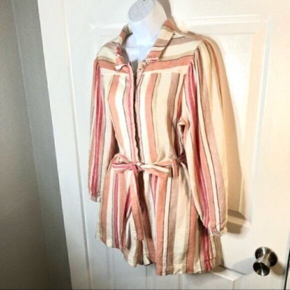 Francesca’s Coco & Jaimeson Brand Rosy Stripe Belted Linen Romper Cream Pink M - Picture 8 of 16